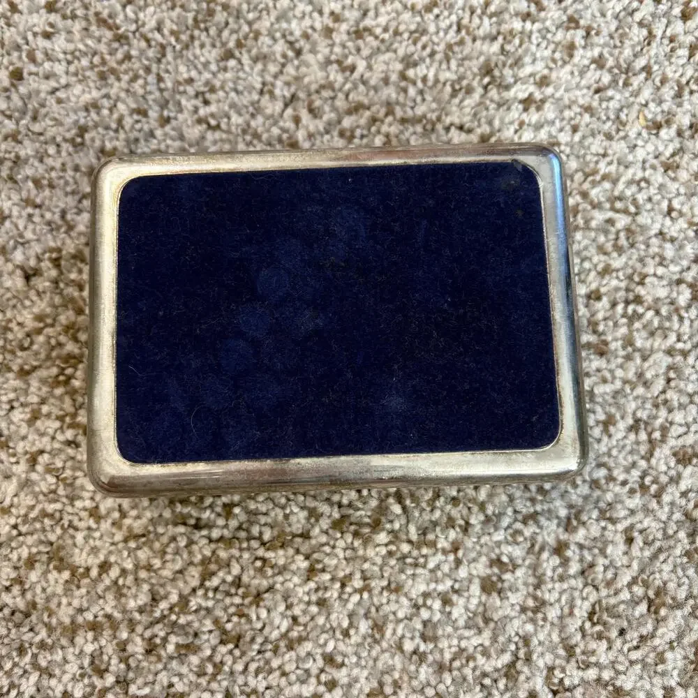 Vintage Silver-Plated Jewelry Box Gold Tone Bow, Blue Felt Interior with Mirror
